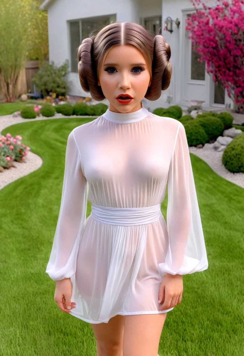 A cute woman as Princess Leia,sheer white airy dress, no underwear, iconic hairdo,acting overly dramatic,walking around modern house exterior (ddler toys in yard, small flower beds),beautiful detailed eyes,beautiful detailed lips,extremely detailed face and skin,long eyelashes,hyper realistic,8K,masterpiece,vivid colors,dramatic lighting,high quality,photorealistic,cinematic,fantasy,science fiction
