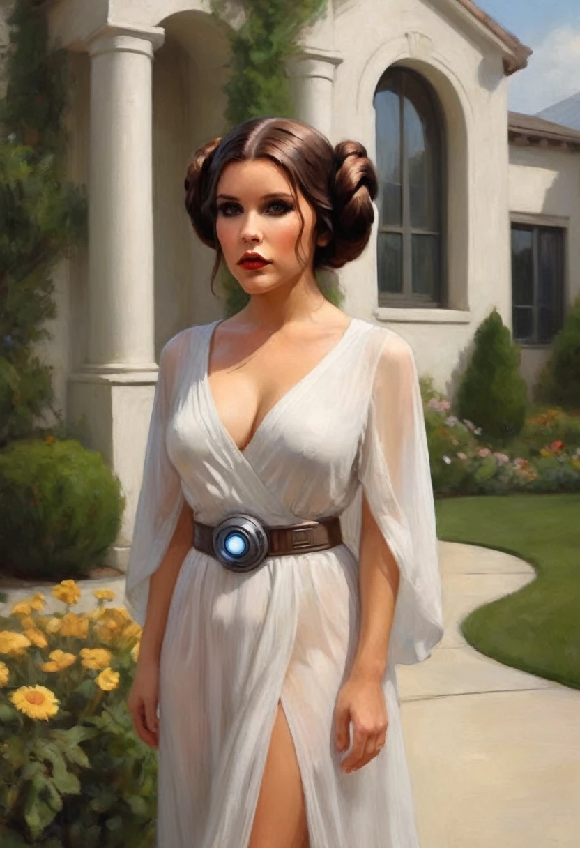 A cute woman as Princess Leia,sheer white airy dress, no underwear, iconic hairdo,acting overly dramatic,walking around modern house exterior (toddler toys in yard, small flower beds),beautiful detailed eyes,beautiful detailed lips,extremely detailed face and skin,long eyelashes,hyper realistic,8K,masterpiece,vivid colors,dramatic lighting,high quality,photorealistic,cinematic,fantasy,science fiction