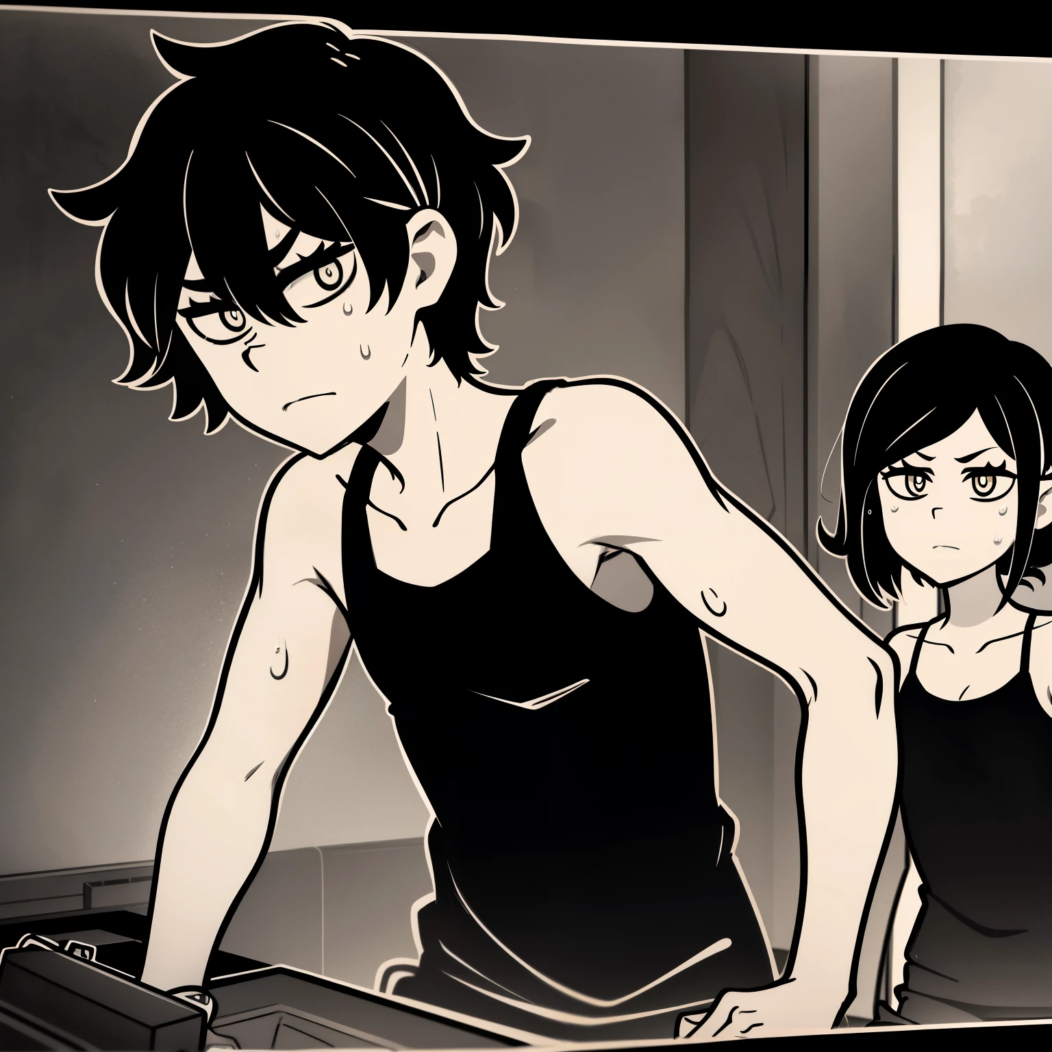Highres, Masterpiece, Best quality at best,Best Quality,hight quality, hight detailed, Anime style, 1boy, 1girl, duo, monochrome:0.1, Andrew Graves and Ashley Graves, Tcoaal, white outline, bold outline, dark background, upper body, Slim body, bright pupils, looking at viewer, Sibling photos, Tank top (Very sibling), (very small and short body), simple beckground, hansome boy, Uhd, bokeh, sweat