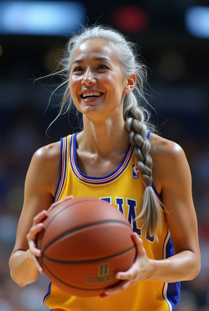 A beautiful youthful looking white Asian women as a 50 years old woman with very long hair completely gray hair in a 90s ponytail as a retired NBA player wearing her old NBA jersey shooting the ball in the basket in a nba stadium she is smiling for the camera
