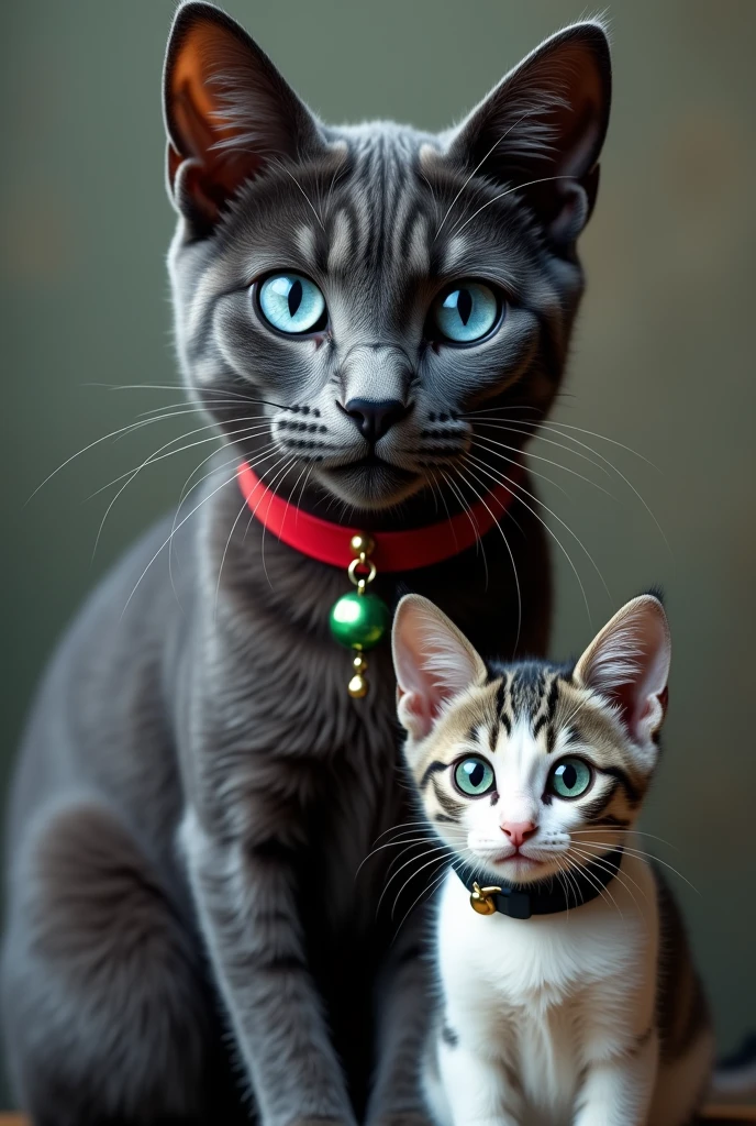 Adult male cat of dark gray color with blue eyes and a red collar with a green bell pendant. Along with a smaller white and gray cat with one blue eye and one green eye and a black collar. 