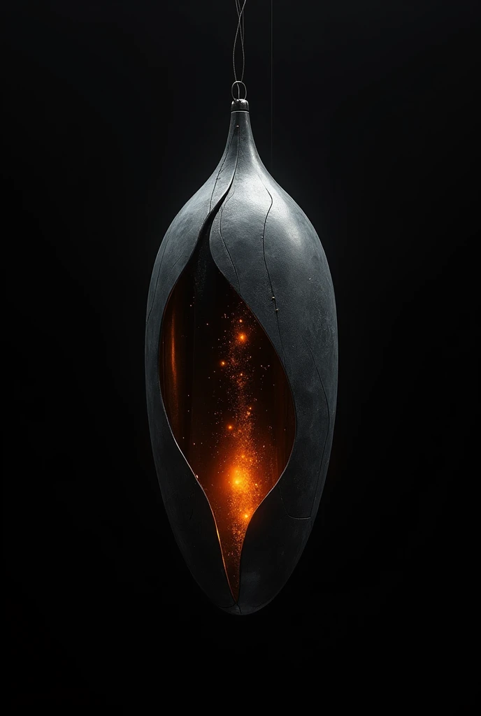 An image of a non-organic cocoon made of high-tech metallic silk similar to color #2a2a2a. The cocoon should hang on its own, with thin, elegant metallic fibers giving it a futuristic and technologically advanced appearance. The environment must be absolute black, completely dark. The only source of light must be a vibrant glow in the color #f84700 coming from within the cocoon itself, subtly shining through small gaps in the metallic silk, creating a mysterious, ambient atmosphere. This bright orange glow must be the only illumination in the scene, with the light radiating from within the cocoon, casting vibrant reflections on the metallic surface. The cocoon must have a completely technological and non-organic look, with simple lines and a modern, minimalist design. The focus must be entirely on this high-tech cocoon, without the presence of other elements. The overall mood should be minimalist, capturing the anticipation of something that is about to emerge.