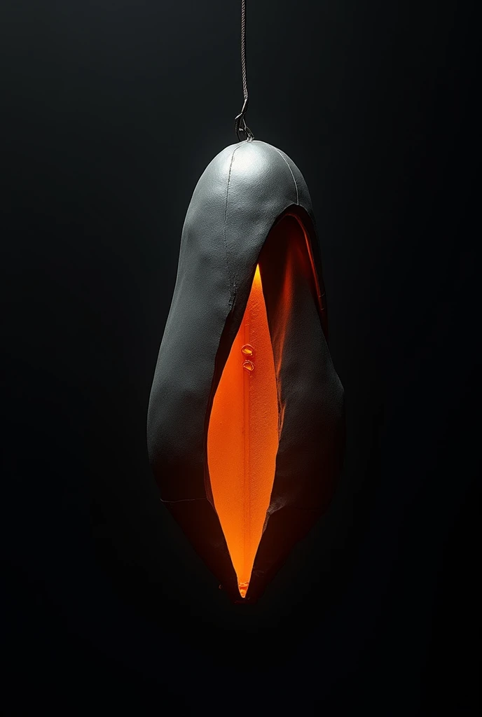 An image of a non-organic cocoon made of high-tech metallic silk similar to color #2a2a2a. The cocoon should hang on its own, with thin, elegant metallic fibers giving it a futuristic and technologically advanced appearance. The environment must be absolute black, completely dark. The only source of light must be a vibrant glow in the color #f84700 coming from within the cocoon itself, subtly shining through small gaps in the metallic silk, creating a mysterious, ambient atmosphere. This bright orange glow must be the only illumination in the scene, with the light radiating from within the cocoon, casting vibrant reflections on the metallic surface. The cocoon must have a completely technological and non-organic look, with simple lines and a modern, minimalist design. The focus must be entirely on this high-tech cocoon, without the presence of other elements. The overall mood should be minimalist, capturing the anticipation of something that is about to emerge.