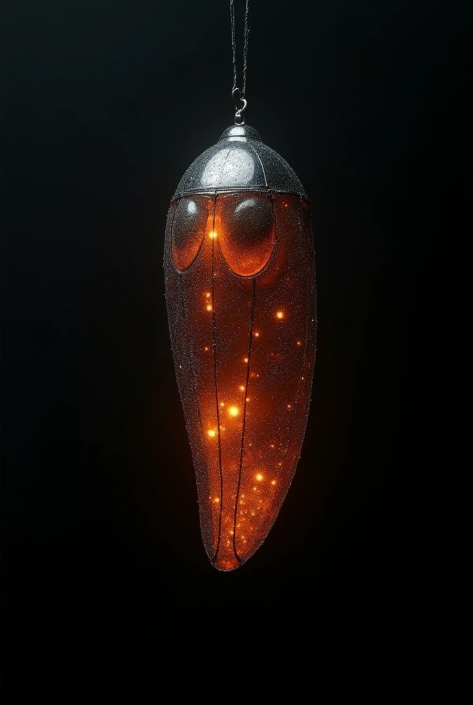An image of a non-organic cocoon made of high-tech metallic silk similar to color #2a2a2a. The cocoon should hang on its own, with thin, elegant metallic fibers giving it a futuristic and technologically advanced appearance. The environment must be absolute black, completely dark. The only source of light must be a vibrant glow in the color #f84700 coming from within the cocoon itself, subtly shining through small gaps in the metallic silk, creating a mysterious, ambient atmosphere. This bright orange glow must be the only illumination in the scene, with the light radiating from within the cocoon, casting vibrant reflections on the metallic surface. The cocoon must have a completely technological and non-organic look, with simple lines and a modern, minimalist design. The focus must be entirely on this high-tech cocoon, without the presence of other elements. The overall mood should be minimalist, capturing the anticipation of something that is about to emerge.
