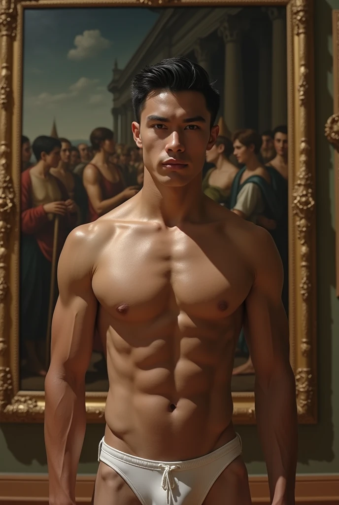 photorealist, ultra-detailed, ultra-realistic, rich intricate details, soft colors, photorealistic, perfect compositicion, simetryc lay out, in a museum, a young man, gorgeous, slender, latino, handsome, wearing olimic swimmsuit, standing, tall, masculine geze, confident look, autorithy pose, barefoot, detailed realistic muscles, simetryc body in peter paul rubbens. in the background the painting " The Night Watch". by rubens a young man is watching the beautifull master piece