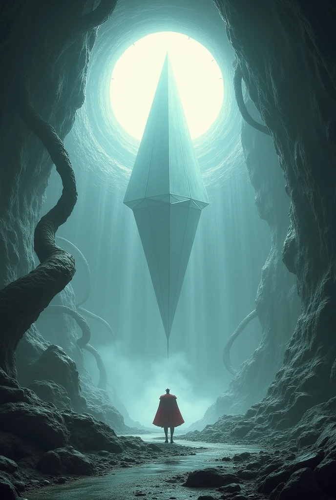 sci-fi, twisted reality, quantum, mind-bending, reality-bending around, trees coiling around each other, large open space Destiny 2 Traveler The Pale Heart, Angle, Geometric, fewer circles, a lot of straight lines with weird bends, in a cave