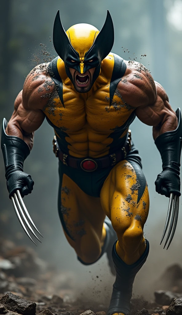 Wolverine in yellow and black uniform with torn and burnt texture, in combat position or jumping. Picture farthest from the camera with as much detail and high definition as possible, HD, Realistic. Black color shaded screen background with white.