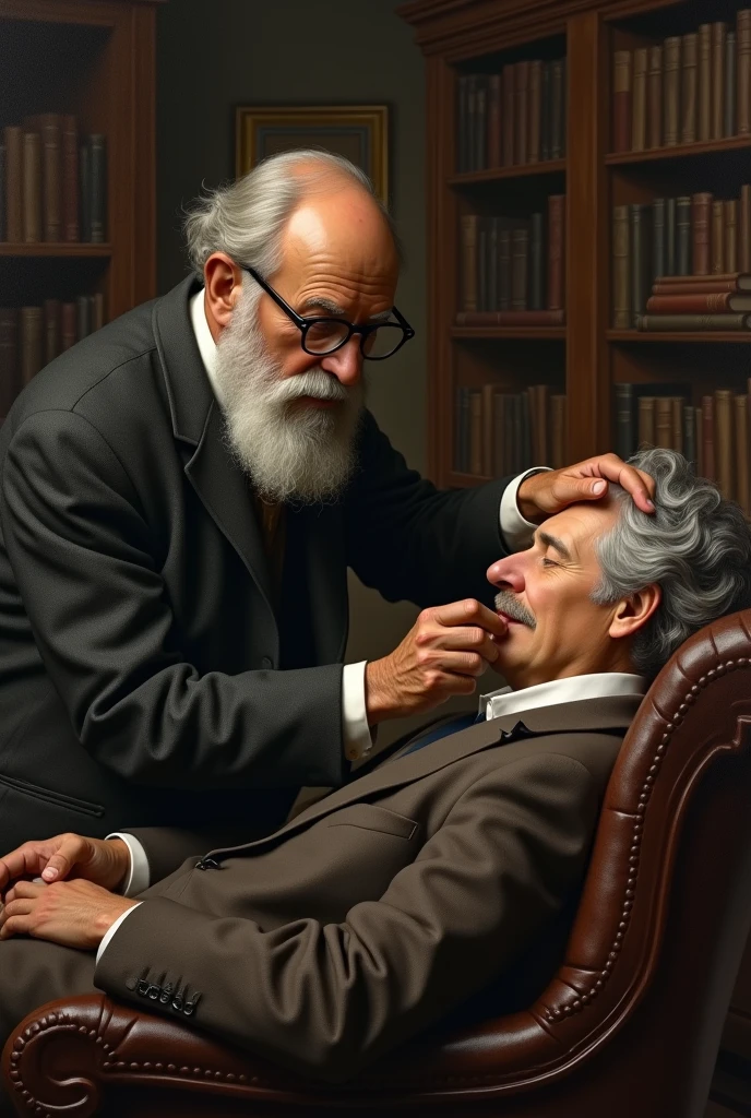 Sigmund Freud pressing his patient's forehead with his hand