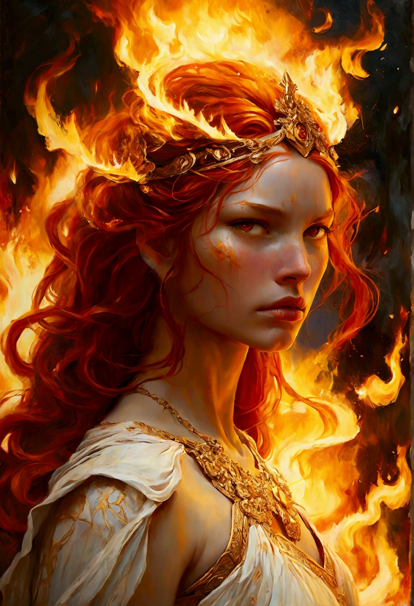 Create a detailed and expressive painting of a fire goddess with long red hair in the foreground. The goddess should be centred in the image with her head slightly tilted back, her eyes shows a great expression of sadness, longing and anger with tears rolling down her cheeks in gold on her face; it reflects the intensity of emotions as in Cabanel's portrait of The Fallen Angel. His face should be centred to the camera. His shoulders should be visible, while the rest of his body remains outside the frame. The background should feature the element of fire that makes a crown of ashes behind his head, composed of a icon sunny devastation element in dark orange and dark yellow tones as the flames extinguished that create an intense, radiant effect against a black background. The background should be powerful, showing her fury and energy, giving a juxtaposition between the expression of the goddess's face and the chaos background. The hair should give a sense of movement and energy like wind. Use dramatic lighting to highlight the face and hair of the goddess, creating a strong contrast with the fiery background. The artistic style should focus on intricate details and ethereal elements, ensuring that the overall composition appears divine and otherworldly. Maintain the warmth of the colours and fine textures to faithfully replicate the image provided, allowing the figure to be substituted for another while retaining the background and overall style.