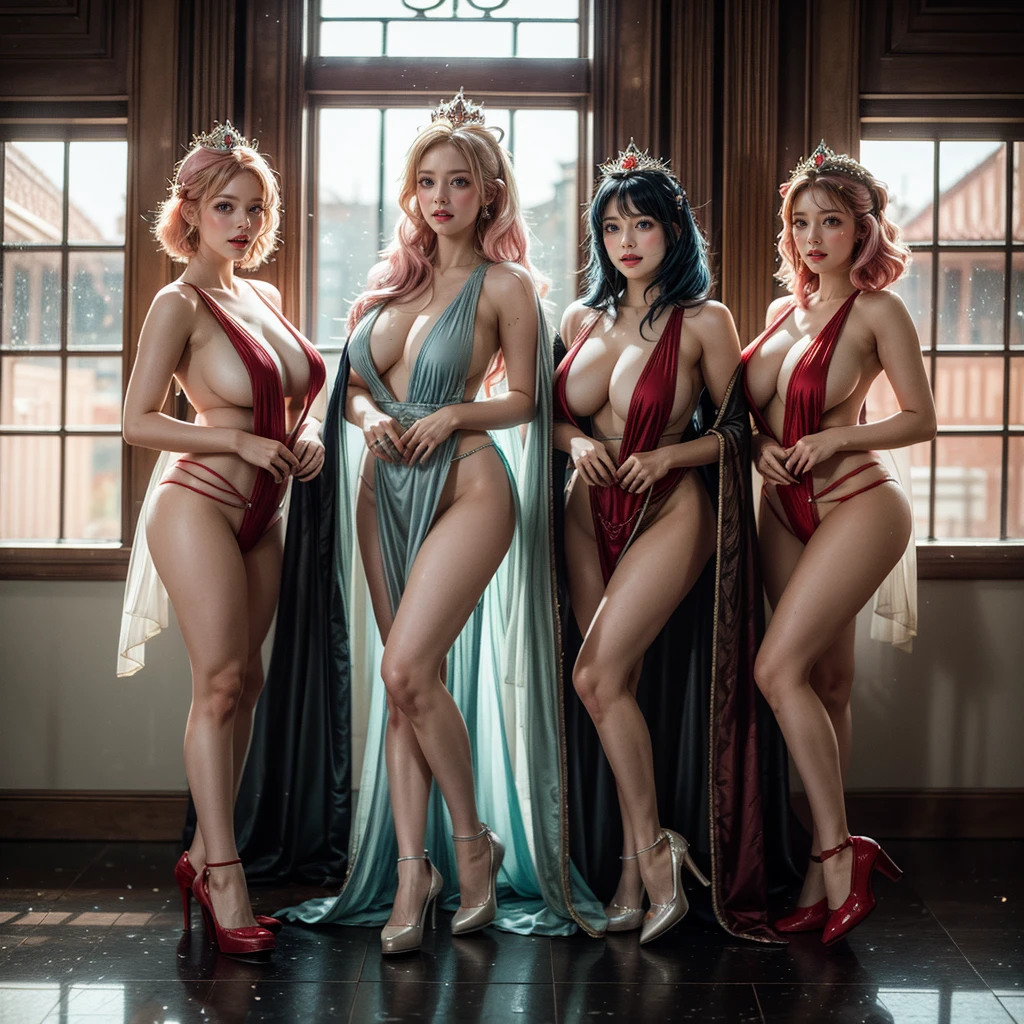 (Graceful Full Body of Extremely Detailed((Sexy Princesses Group in a row:1.37))), KAWAII perfect face with Reflective Eyes, Detailed(Delicate Clothing textures), Correct Graceful Legs, Dynamic Joyful Expressions LifeLike Rendering, Specular Reflection of mirrored floor, TopQuality 8K Ultra-detailed masterpiece (ProfessionalPhoto:1.37), (Acutance:0.8), (Luminism:1.28), Renaissance art style, Portraits, Colorful Light particles, (Full body from side) {Kissing Face to Face|Cute Peach AssFocus|(NakedApron with (Overflowing Sideboob))}, Radiant Fine Skin with Transparency, (Exposed:0.4) {Pink Hair|LightBlue Hair|Blonde|Pure White Hair|Liquid Hair|Red Shoes}, Perfect Lighting