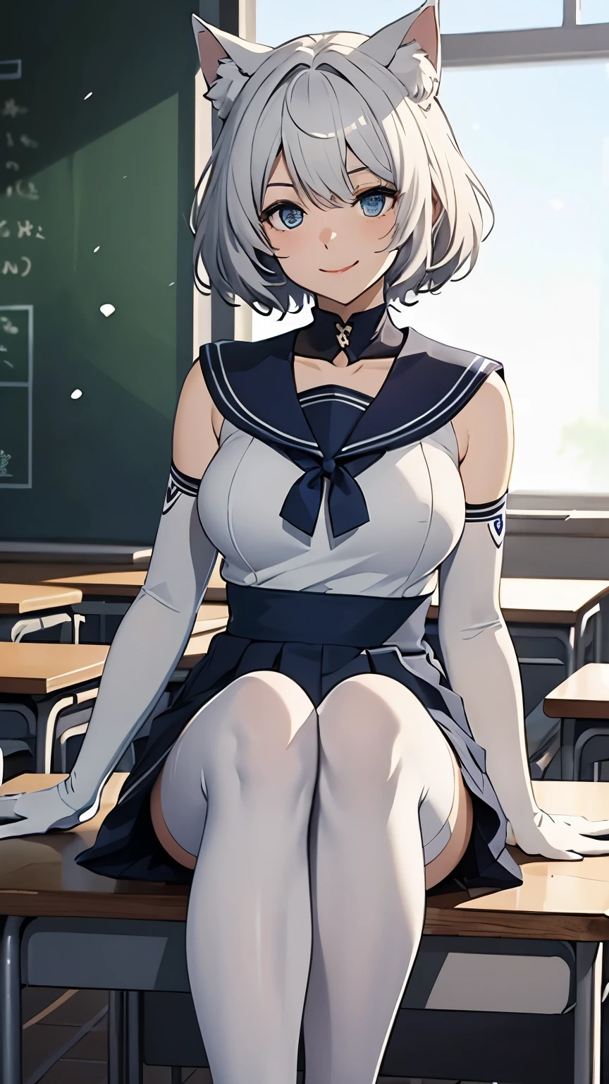 Tabletop　 Best image quality　wonderful　Attention to detail　One Young Woman（（Adult））Anime Style　White Sailor Suit（Sleeveless）　Navy blue mini skirt　snow-white gloves（Elbow Gloves）　White Pantyhose（Plain）　White wolf ears　short hair（（Shortcuts）（Gray Hair）（Curly Hair）（fluffy））　smile（Happy）　Eye color is blue　background（classroom）　Please show me the soles of your feet　