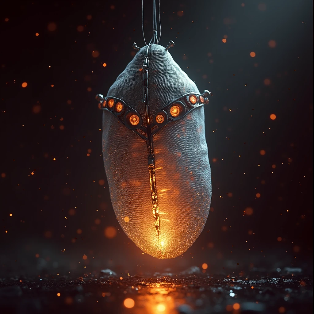 An image of a non-organic cocoon made of high-tech metallic silk similar to color #2a2a2a. The cocoon should hang on its own, with thin, elegant metallic fibers giving it a futuristic and technologically advanced appearance. The environment must be absolute black, completely dark. The only source of light must be a vibrant glow in the color #f84700 coming from within the cocoon itself, subtly shining through small gaps in the metallic silk, creating a mysterious, ambient atmosphere. This bright orange glow must be the only illumination in the scene, with the light radiating from within the cocoon, casting vibrant reflections on the metallic surface. The cocoon must have a completely technological and non-organic look, with simple lines and a modern, minimalist design. The focus must be entirely on this high-tech cocoon, without the presence of other elements. The overall mood should be minimalist, capturing the anticipation of something that is about to emerge.