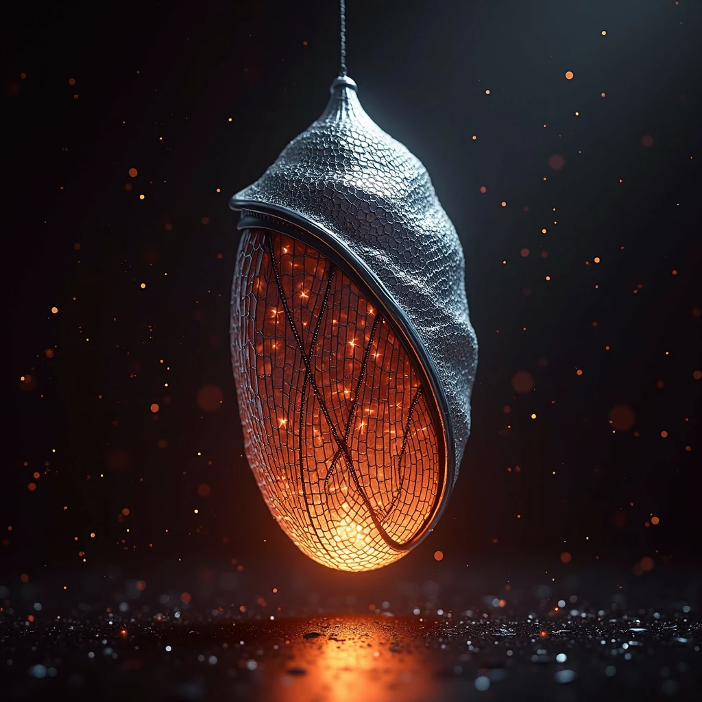 An image of a non-organic cocoon made of high-tech metallic silk similar to color #2a2a2a. The cocoon should hang on its own, with thin, elegant metallic fibers giving it a futuristic and technologically advanced appearance. The environment must be absolute black, completely dark. The only source of light must be a vibrant glow in the color #f84700 coming from within the cocoon itself, subtly shining through small gaps in the metallic silk, creating a mysterious, ambient atmosphere. This bright orange glow must be the only illumination in the scene, with the light radiating from within the cocoon, casting vibrant reflections on the metallic surface. The cocoon must have a completely technological and non-organic look, with simple lines and a modern, minimalist design. The focus must be entirely on this high-tech cocoon, without the presence of other elements. The overall mood should be minimalist, capturing the anticipation of something that is about to emerge.