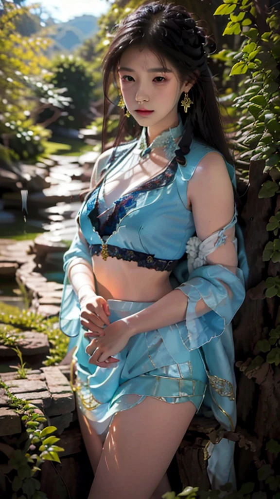 garden,On the grass,an oriental girl,long hair shawl,Miansha on the face,Big breasts,earrings,Wearing an ancient Han Dynasty mini lace skirt,Chest gemstone jewelry,坐在On the grass,