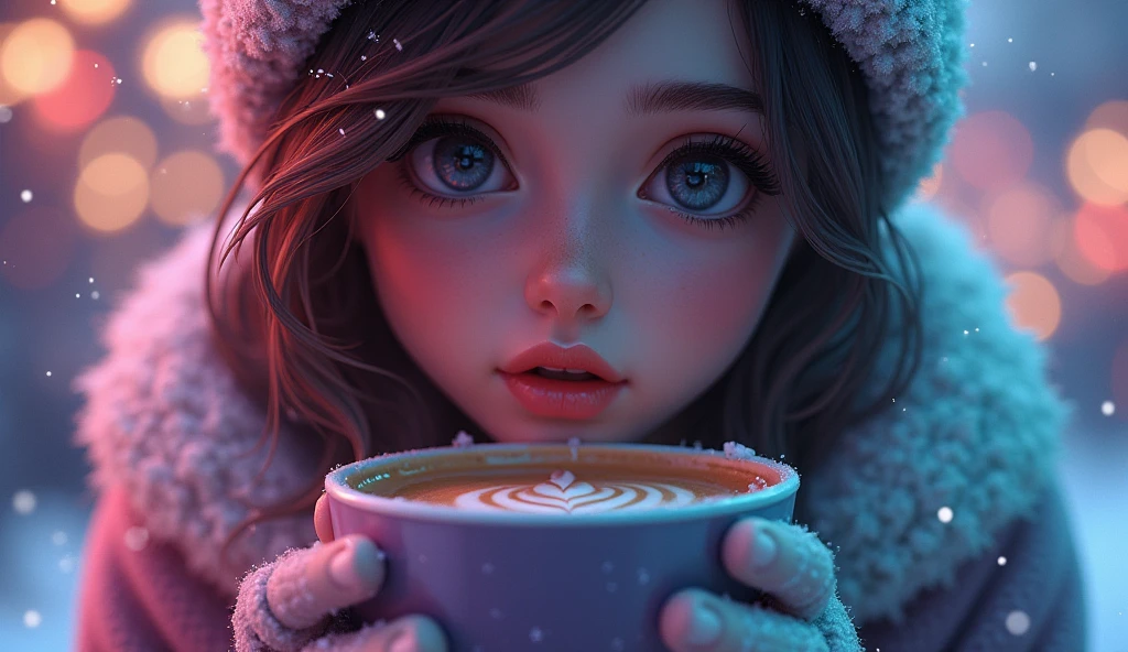 a detailed latte coffee cup, a city at christmas time, snowflakes, christmas decorations in purple and teal tones, a colorful and dreamlike environment, glittering lights, bokeh effects,(best quality,4k,8k,highres,masterpiece:1.2),ultra-detailed,(realistic,photorealistic,photo-realistic:1.37),1girl,beautiful detailed eyes,beautiful detailed lips,extremely detailed eyes and face,longeyelashes,illustration,oil painting,3D rendering,concept art,vivid colors,dramatic lighting,warm tones,purple,teal