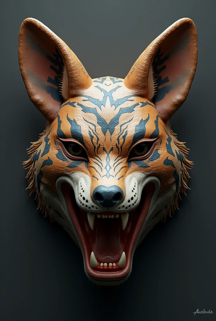 Nahual Mask is part coyote on the right side, part jaguar on the left side and the super part deer with the mouth open showing the tongue blown with large fangs
