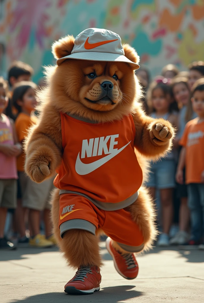 hyper-realistic photo of a Chow Chow wearing Nike clothes and a bucket hat break dancing in front of a crowd of children in a circle with a boom box in the corner
