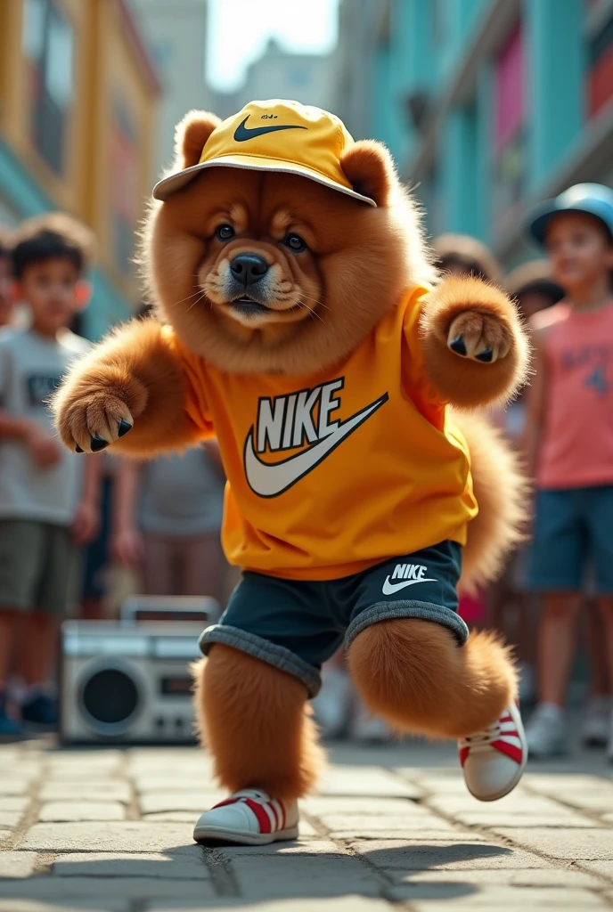 hyper-realistic photo of a Chow Chow wearing Nike clothes and a bucket hat break dancing in front of a crowd of children in a circle with a boom box in the corner