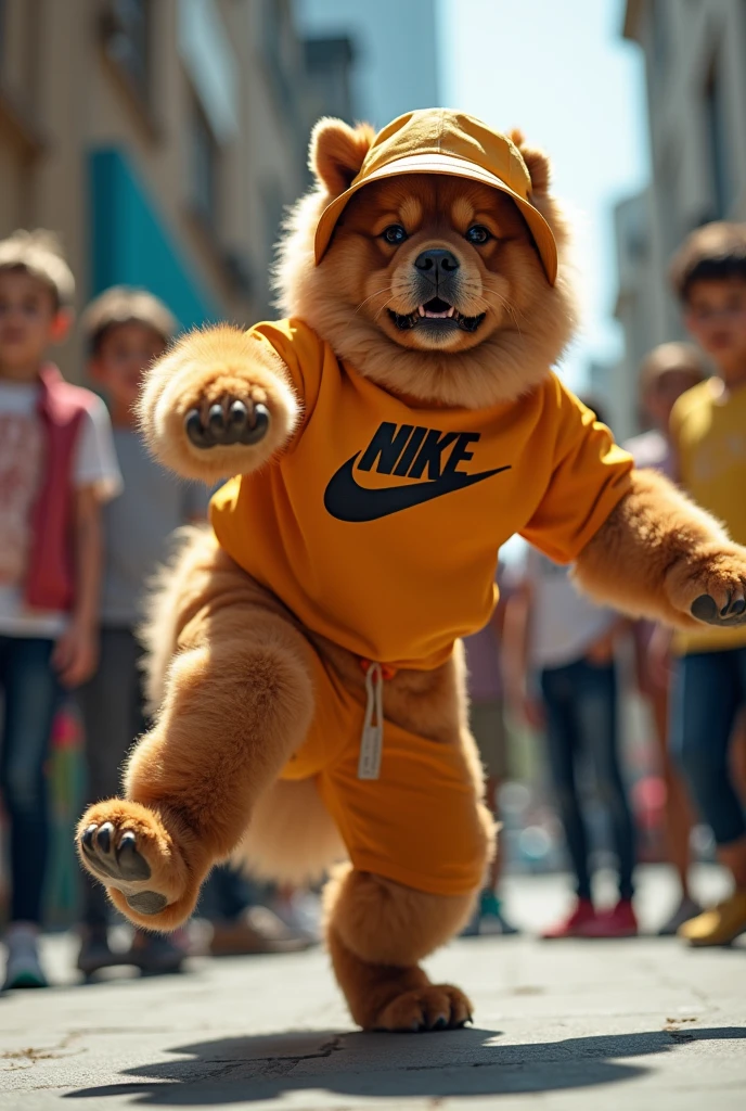 hyper-realistic photo of a Chow Chow wearing Nike clothes and a bucket hat break dancing in front of a crowd of children in a circle with a boom box in the corner
