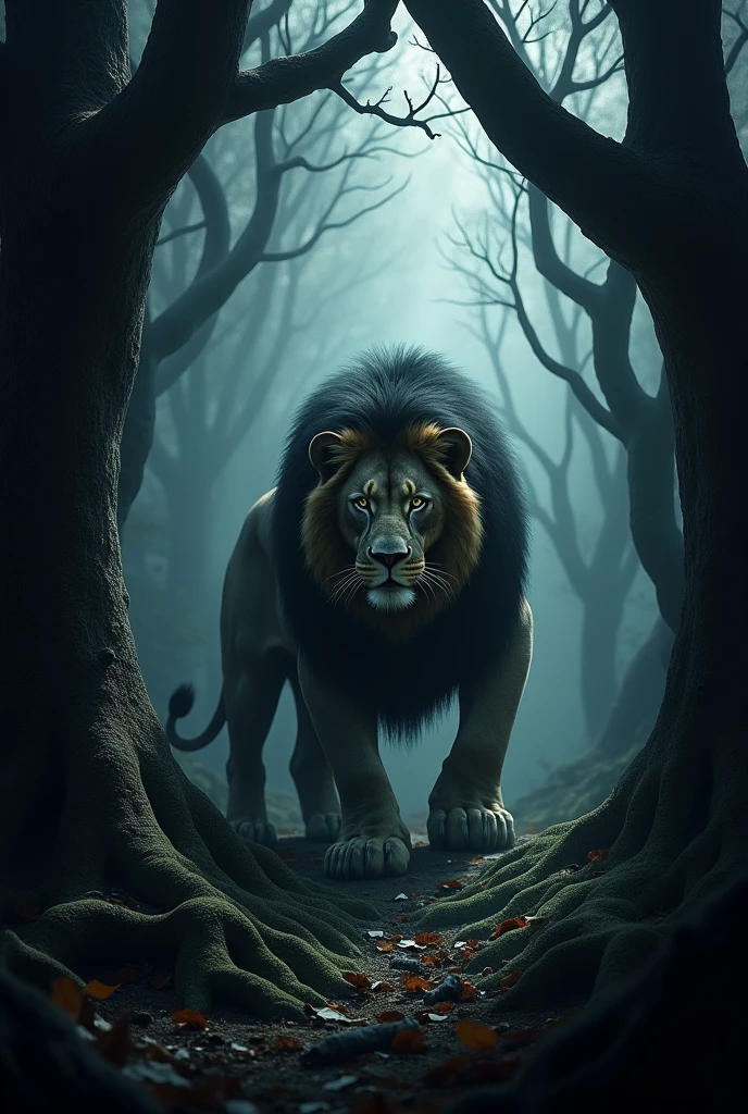 Dark forest wallpaper, a threatening lion in the background, crouched and watching between the trees.