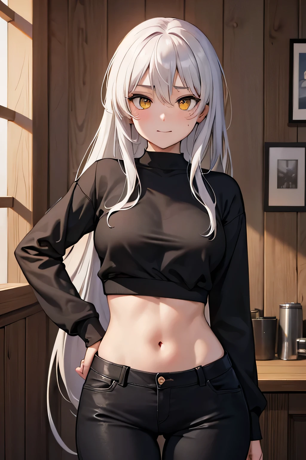 (best quality,4k,8k,highres,masterpiece:1.2),ultra-detailed,realistic,photorealistic:1.37, Mirajane Strauss with a beautiful smile and open mouth wearing a black t-shirt and shorts
