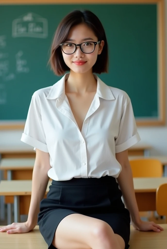 Thai female teacher , short hair ,wear glasses, white shirt, black skirt , short skirt , Look at the underwear., big breasts ,Unbutton your shirt., Leave your chest open , The background is a classroom.. ,Show your breasts , H cup , Sit with your legs apart on a table.