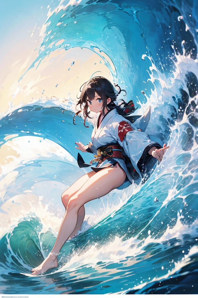 High definition, High quality, 8k、((japanese painting)), samurai elf girl, surfing, big wave,