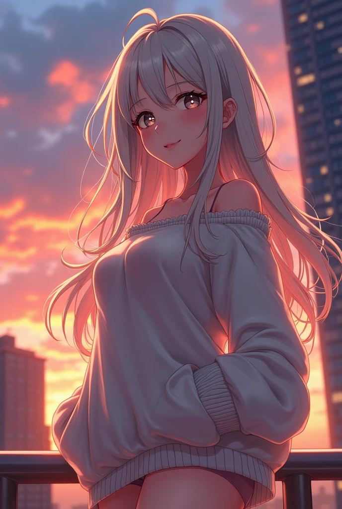 anime, medium size boobs, tall white hair, skyscraper, sunset, beautiful silver eyes, sweater, seductive face, panties, blushing brightly, high resolution, 8K, fuzzy hair, smiling