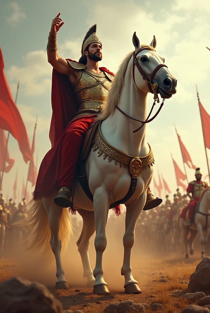 Alexander the Great shouting words of courage to his army on horseback