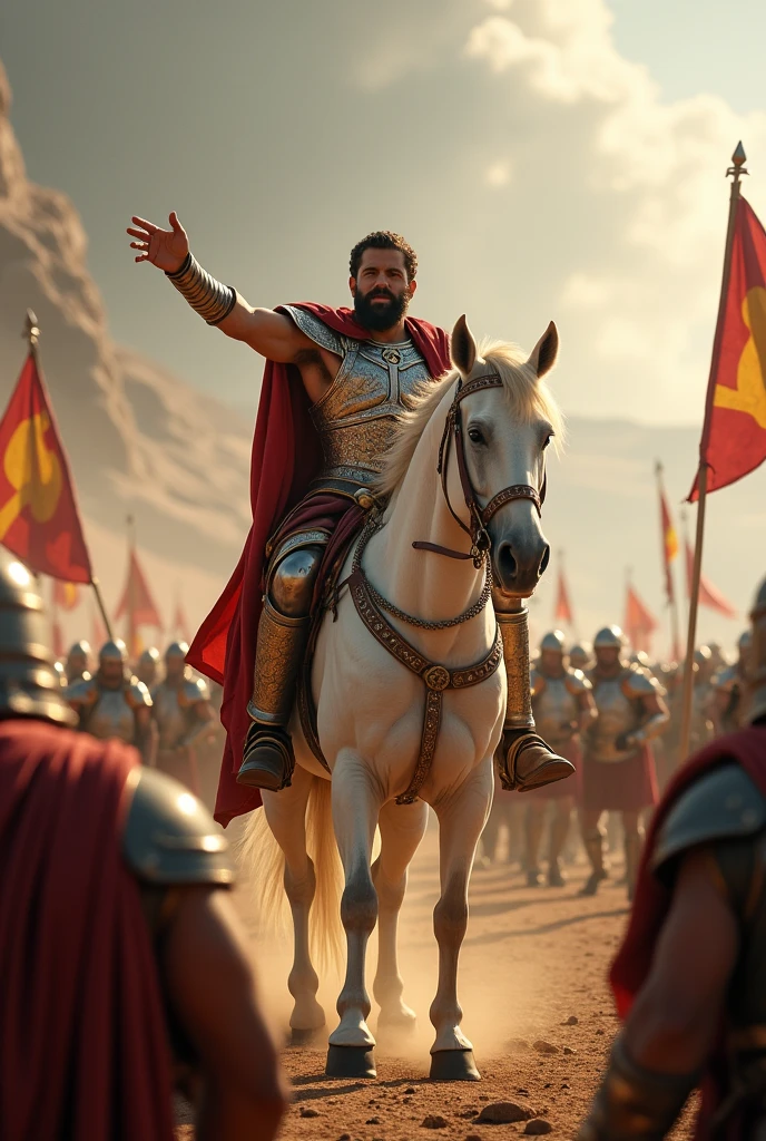 Alexander the Great shouting words of courage to his army on horseback