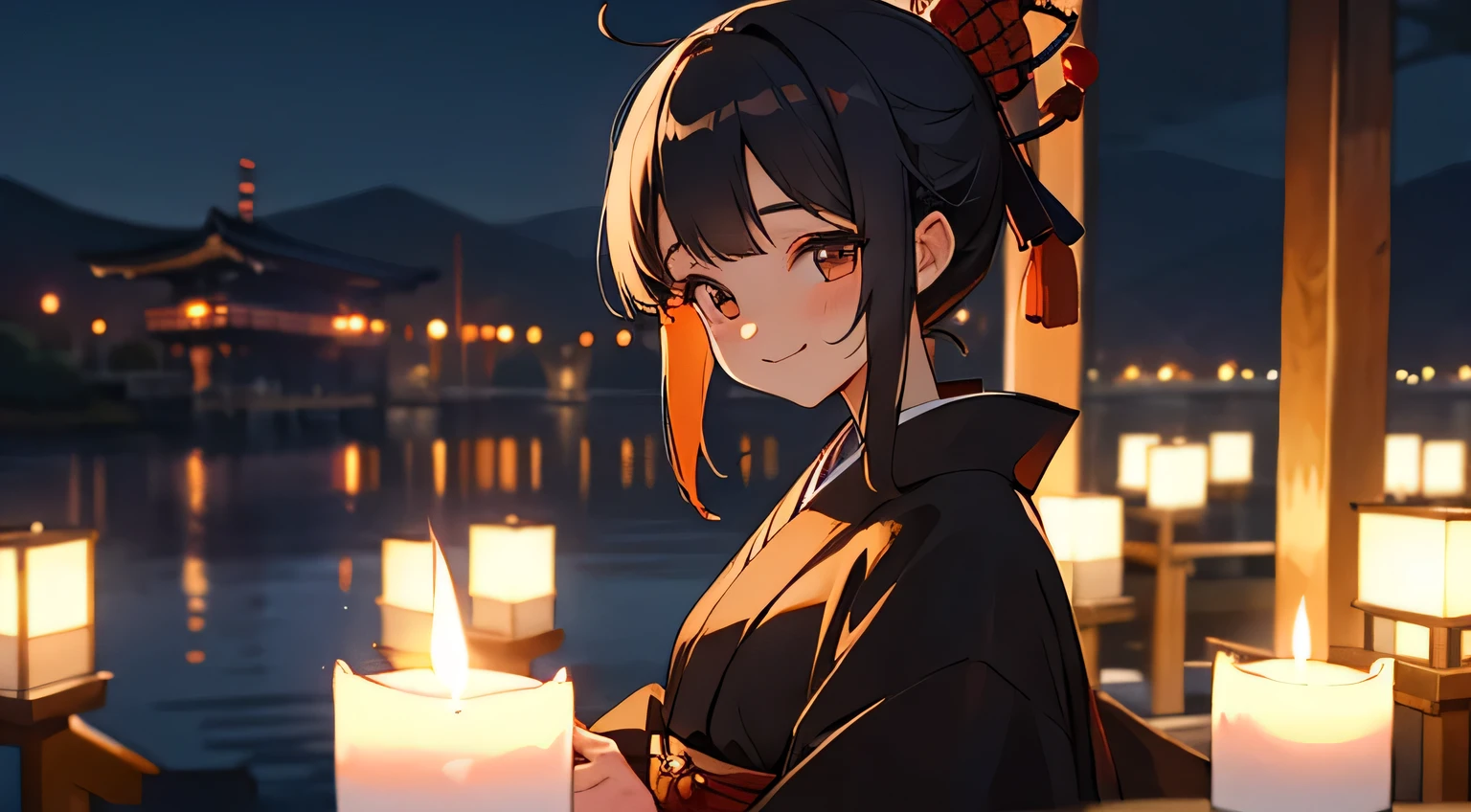 candle,night,smile,kimono,japanese,girl