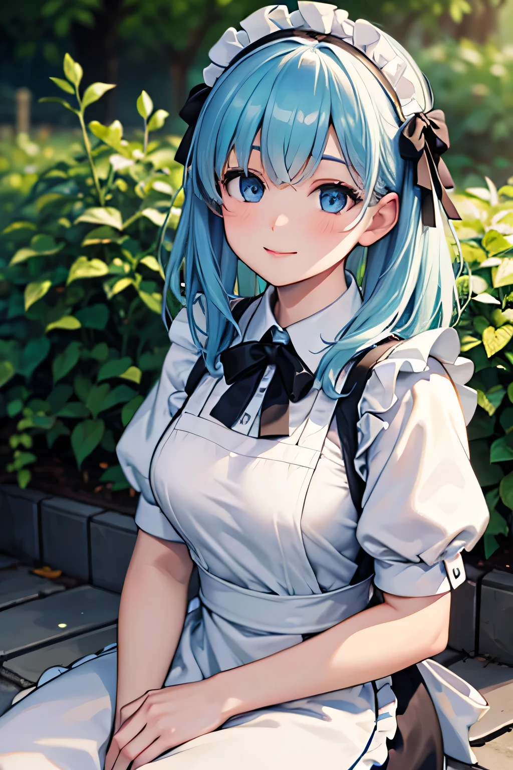 photorealistic, (4k), (upper body), depth of field, (Masterpiece), (realistic skin texture), highly detailed, intricate, highly detailed, (upper body), professional photography, cover-up, bokeh, high resolution, sharp details, best quality, girl, aqua hair, medium hair, blue eyes, white shirt, maid headdress, frills, apron, in the garden, sitting, smile