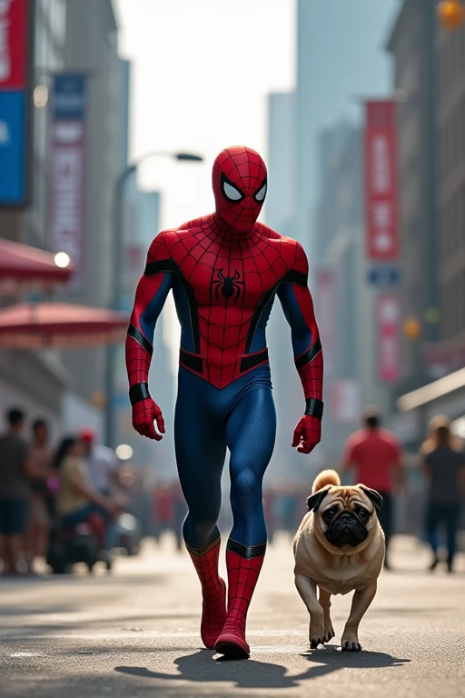 Spiderman walking with pug
