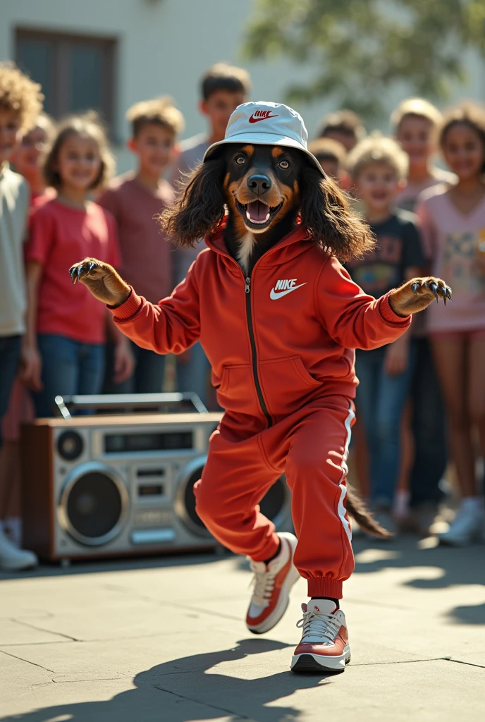 hyper-realistic photo of an English Cocker Spaniel wearing Nike gear and a bucket hat breakdancing in front of a crowd of children in a circle with a boom box in the corner