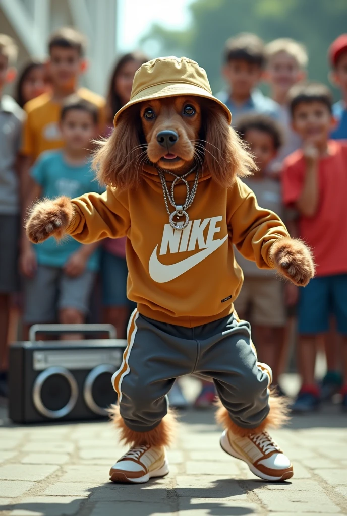 hyper-realistic photo of an English er Spaniel wearing Nike gear and a bucket hat breakdancing in front of a crowd of chilin a circle with a boom box in the corner