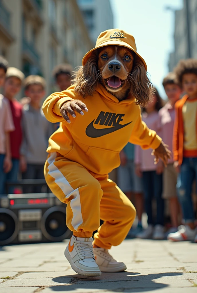 hyper-realistic photo of an English Cocker Spaniel wearing Nike gear and a bucket hat breakdancing in front of a crowd of children in a circle with a boom box in the corner