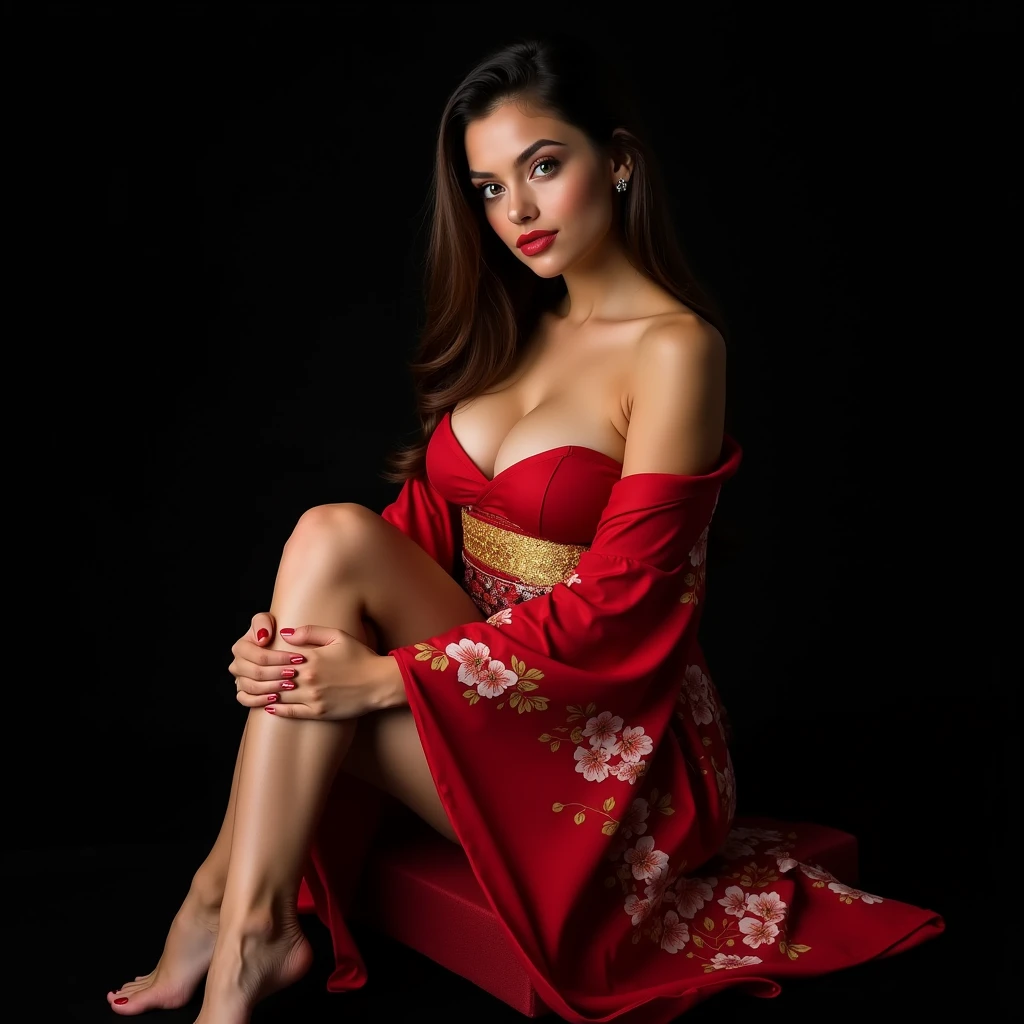 Latin woman, 18 years, green eyes in asian kimono showing big breasts, showing legs, Sitting on red velvet stool, Photo studio, Black background, the highest quality in image 