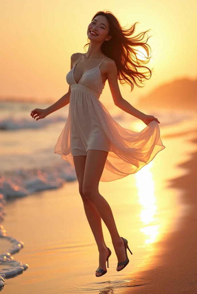  beautiful chinese woman, long hair, jumping on the beach, naked,short skirt, high heel shoes, soft lighting, relaxed pose, realistic, intricate details