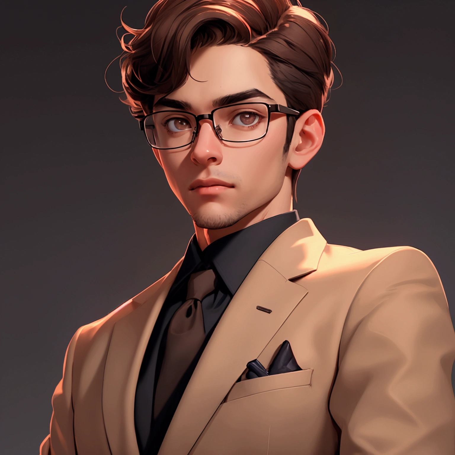 envision a 8k, highres, semi realistic cinematic close up portrait of a smart nerdy guy working on technology with a slender body, clean shaved, short sleek brown hair, and brown eyes, glasses, red sweatshirt, beige slacks, belt, dress shoes, tech attachments, against a dark gray background