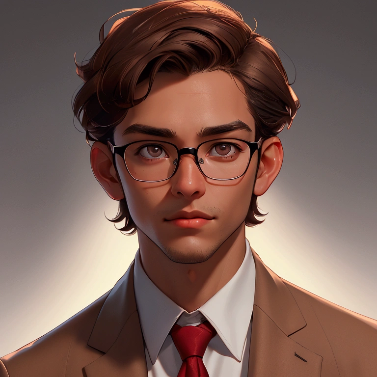 envision a 8k, highres, semi realistic cinematic close up portrait of a smart nerdy guy working on technology with a slender body, clean shaved, short sleek brown hair, and brown eyes, glasses, red sweatshirt, beige slacks, belt, dress shoes, tech attachments, against a dark gray background