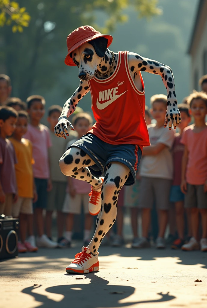 hyper-realistic photo of a Dalmatian wearing Nike gear and a bucket hat breakdancing in front of a crowd of kids in a circle with a boom box in the corner
