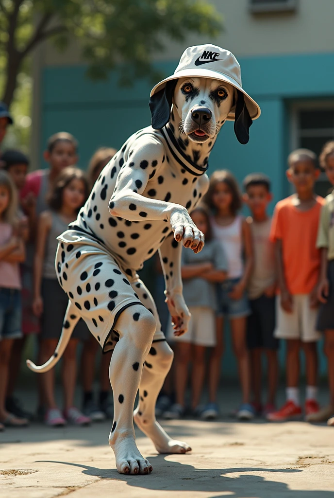 hyper-realistic photo of a Dalmatian wearing Nike gear and a bucket hat breakdancing in front of a crowd of kids in a circle with a boom box in the corner