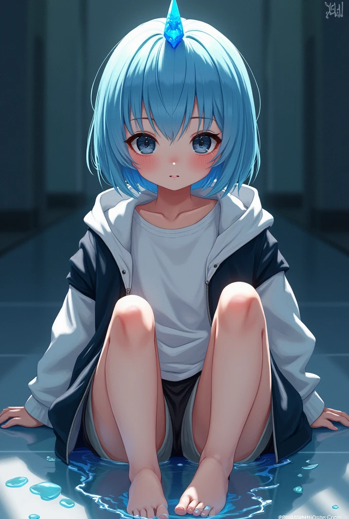 A cute boy showing his stinky feet low angle,barefoot,Sole,Sweating on the soles of the feet,Water dripping from the soles of feet,Foot Focus,White T-shirt,Wearing a white and black hoodie jacket,Unzipped hoodie jacket,Bangs between the eyes,short hair,Light blue hair,jeans,Anatomically correct, There is a diamond-like horn on the top of the head,Black eyes,Look at the audience,There is a single short blue horn in the middle of the head.,