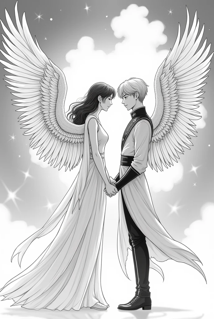 Monochrome manga illustration, ethereal female angel with majestic wings unfurled, delicate feathers intricately detailed with beautiful line work and hatching, flowing shimmering gown blending seamlessly, standing gracefully beside noble male human, confident yet tender expression, hands intertwined in a gentle embrace, soft light illuminating their figures, creating a halo effect around them, visual connection emphasizing the theme of unity, contrasting textures of the angel's wings against the human's attire, background a softly blurred celestial realm with twinkling stars and abstract clouds, immersed in a dreamlike ambiance reflecting serenity and harmony, composition focusing on the intimate hand-holding, enhancing emotional resonance, dynamic lines accentuating movement and energy between character interaction, warm feelings evoked through expressive gestures, sharp contrasts and gentle gradients in shading emphasize depth, manga-style featuring clean outlines and detailed cross-hatching for added dimension, capturing a moment that transcends the boundaries of divine and human existence, invoking a sense of awe and wonder within the viewer
