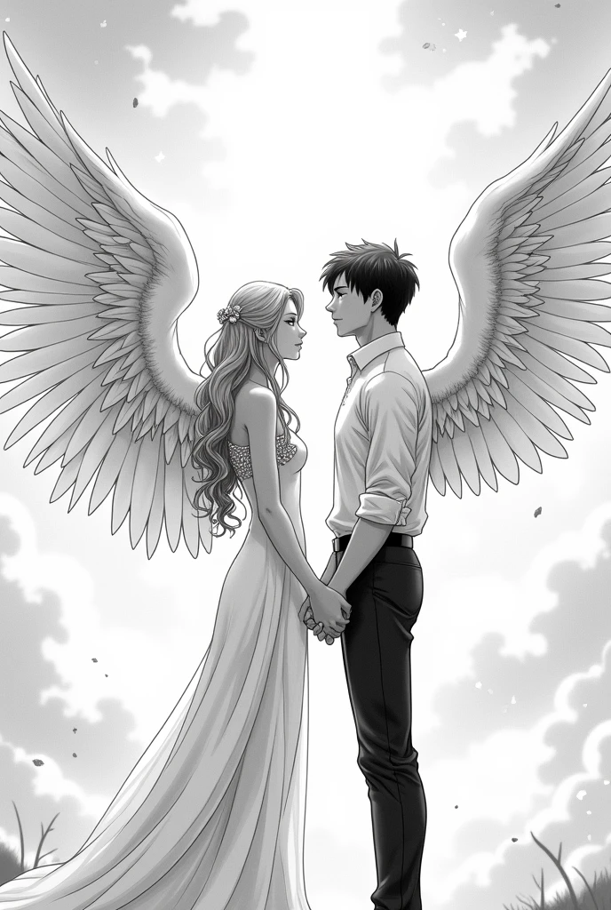 Monochrome manga illustration, ethereal female angel with majestic wings unfurled, delicate feathers intricately detailed with beautiful line work and hatching, flowing shimmering gown blending seamlessly, standing gracefully beside noble male human, confident yet tender expression, hands intertwined in a gentle embrace, soft light illuminating their figures, creating a halo effect around them, visual connection emphasizing the theme of unity, contrasting textures of the angel's wings against the human's attire, background a softly blurred celestial realm with twinkling stars and abstract clouds, immersed in a dreamlike ambiance reflecting serenity and harmony, composition focusing on the intimate hand-holding, enhancing emotional resonance, dynamic lines accentuating movement and energy between character interaction, warm feelings evoked through expressive gestures, sharp contrasts and gentle gradients in shading emphasize depth, manga-style  featuring clean outlines and detailed cross-hatching for added dimension, capturing a moment that transcends the boundaries of divine and human existence, invoking a sense of awe and wonder within the viewer