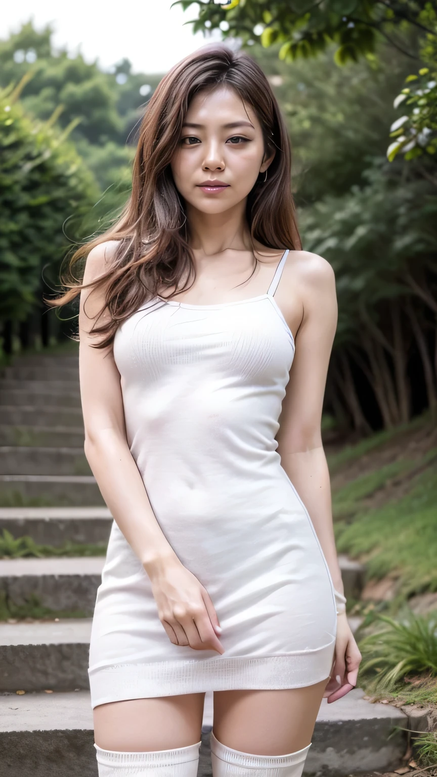 (Woman walking down the stairs:1.2、Squint your eyes and laugh)、((Wearing a camisole dress:1.4、(wearing over-the-knee socks:1.5)))、(View from the front、View from directly below)、(Realistic、Like a photograph、Live Action、8k, Realistic, RAW Photos, Best image quality: 1.4), Single-lens reflex camera、RAW Photos, Highest quality, Realistic, Highly detailed CG Unity 8k wallpaper, Written boundary depth, Cinematic Light, Lens flare, Ray Tracing, Realistic background、((ultra high density skin))、(whole body:1.5)、Long Hair 1.2、ponytail、Hair blowing in the wind:1.4)、I like that style、stylish、Very detailed、Pay attention to the details、Perfect outfit、(Sunburned skin)、Accurate hands、Accurate legs、Detailed hands and fingers、Anatomically correct body、Thin legs、Thin thighs、Small breasts、Very detailedな顔