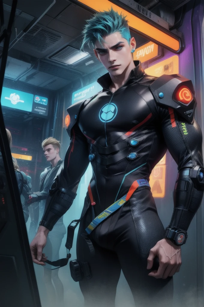 Three shirtless boys, their youthful figures glistening with neon sweat, immersed in a cyberpunk gaming arena. Their muscular torsos are adorned with futuristic tattoos and bioluminescent piercings, pulsing in sync with the high-energy game they are playing. Each boy sports a unique hairstyle that defies gravity, a mix of spikes and mohawks, dyed in vibrant hues that contrast with the dark, dystopian background. Their eyes are shielded by advanced virtual reality goggles, reflecting the chaotic digital world within. The arena is a blend of grimy, metallic structures and vivid, floating holographic interfaces, filled with neon lights and the constant buzz of technology. The air is thick with the scent of ozone and the electricity of virtual battles. The boys are positioned strategically, each with a customized, state-of-the-art gaming controller in hand, their expressions a blend of intense focus and exhilaration as their digital avatars clash in a high-stakes, cybernetic brawl. The floor beneath them is a grid of pulsing lights, echoing their heartbeats as the game reaches its ??????. In the background, the silhouette of a mega-city skyline looms, its towering skyscrapers piercing the dense, nocturnal clouds. The scene is a vivid tableau of modern gaming culture fused with the gritty aesthetic of cyberpunk, celebrating the unity of flesh and circuitry in the quest for virtual dominance.