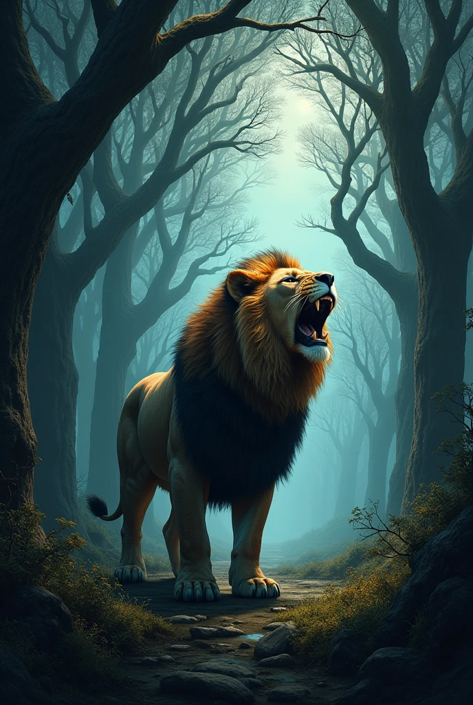 Dark forest wallpaper, a lion roaring in the background.