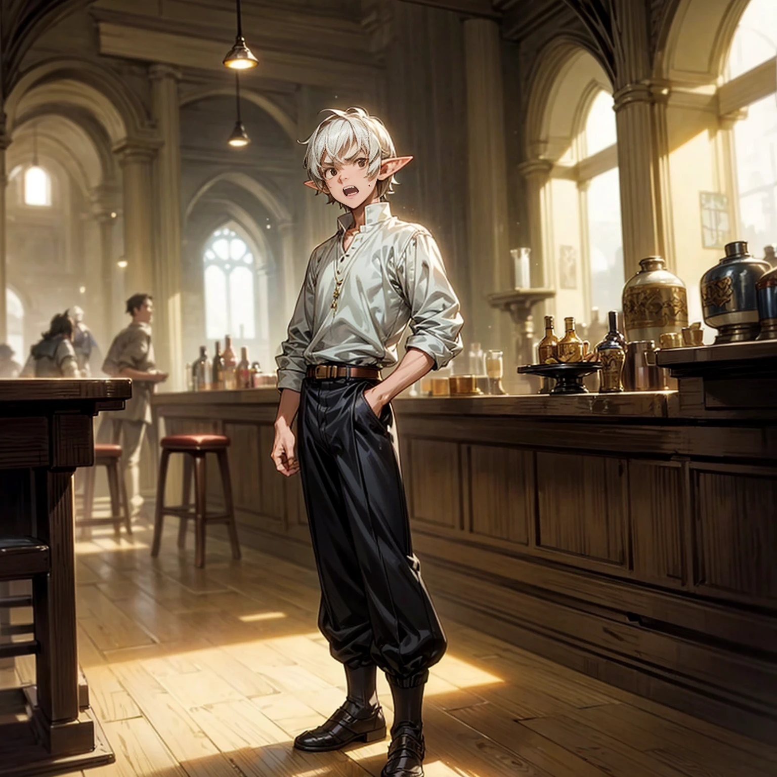 Solo character, full body version, middle aged man, muscle, (elf), brown eyes, white color hair, short Curly hair, white shirt, black long pants, shoes, belt, indoor, bar, town, medieval, standing gesture, detailed background, detailed clothing, detailed hair, (Makoto shinkai style art), open mouth, angry, armor