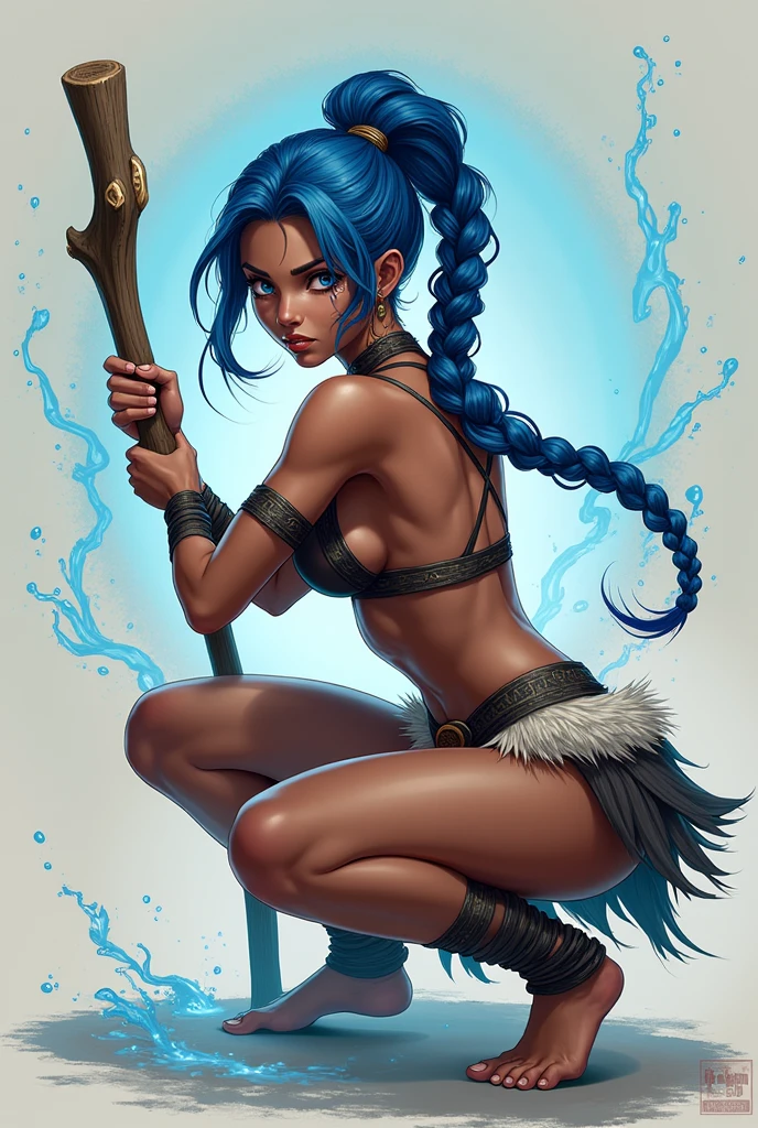 Woman with dark skin and blue hair. anime style, animated style, Digital art, masterpiece, Best Quality, Super rendering, high detail face, Clean and delicate face, whole body, Crouching and wielding a magical wooden staff, fighting pose. Grasp the staff anatomically correctly, Drops and threads of magical water swirl around the staff. Single braided blue ponytail, split bangs, Forehead, tribal clothing and a pleated fur miniskirt., naked ass, open legs, scars. Bound feet, looking at the viewer, simple color background. Scar on his face. 